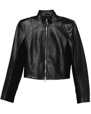 Patrizia Pepe Knitted Inserts Leather Biker Jacket - Black