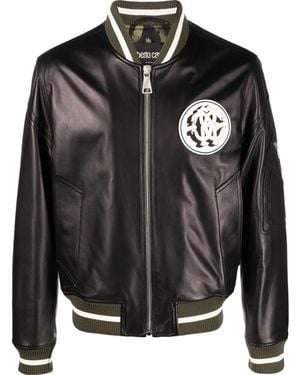 Roberto Cavalli Leather Monogram-Patch Bomber Jacket - Black