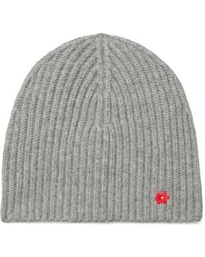 Tory Burch Ribbed Flower-Detail Beanie Hat - Grey