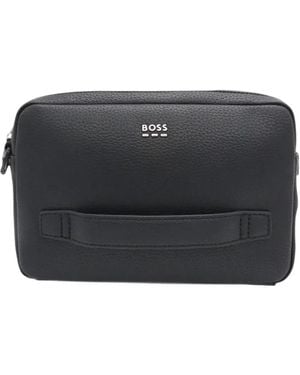 BOSS Logo-Plaque Pebbled Clutch Bag - Black