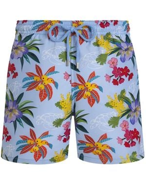 Vilebrequin Short De Bain À Fleurs Et Lien De Resserrage - Bleu