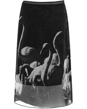 Ferragamo Flamingo-Print Georgette Midi Skirt - Black