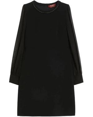 Max Mara Volto Beaded-Neck Sheer-Sleeve Dress - Black