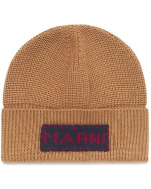 Marni Wool Fisherman's Rib Beanie With Patch - Brown