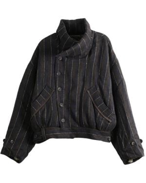 Ziggy Chen Pinstripe-Pattern High-Neck Jacket - Black