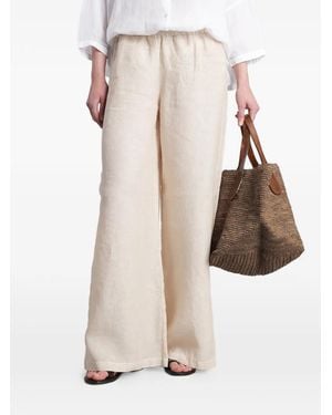 120% Lino Elasticated-Waist Side-Slit Palazzo Trousers - Natural