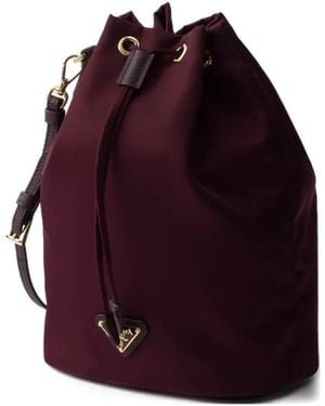 Prada Drawstring Metal-Logo Bucket Bag - Red