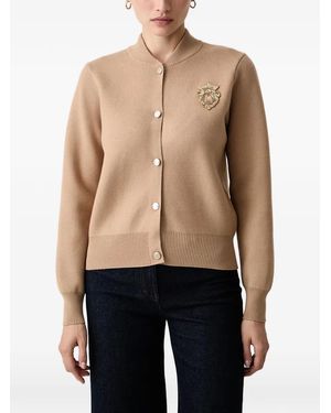 Morgan Embroidered-Patch Ribbed-Trim Cardigan - Blue