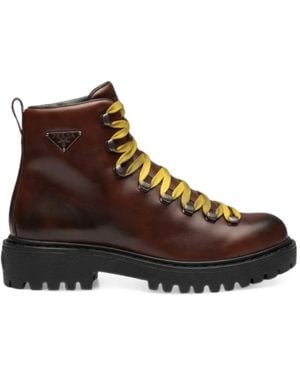 Prada Antiqued Leather Lace-Up Ankle Boots - Brown
