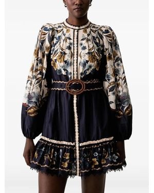 FARM Rio Belted Floral-Print Mini Dress - Black