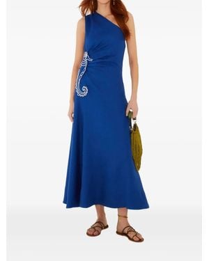 FARM Rio Seahorse Embroidery One-Shoulder Midi Dress - Blue