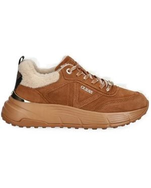 Guess Facter Shearling-Trim Suede Sneakers - Brown