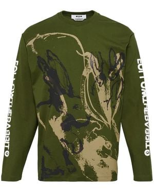 MSGM Graphic-Print Long-Sleeve Cotton T-Shirt - Green