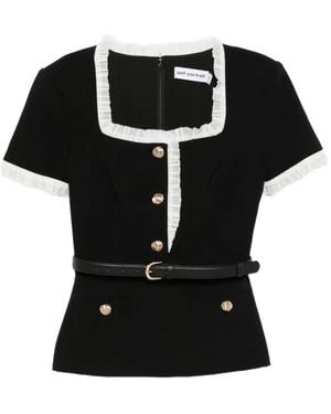 Self-Portrait Button-Up Belted Blouse - Black