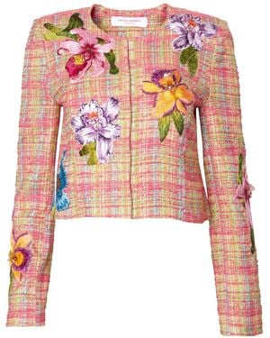 Carolina Herrera Floral-Embroidered Tweed Jacket - Pink