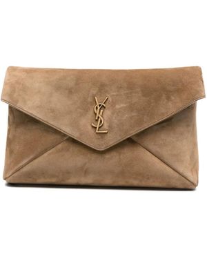 Saint Laurent Logo-Plaque Suede Clutch Bag - Natural