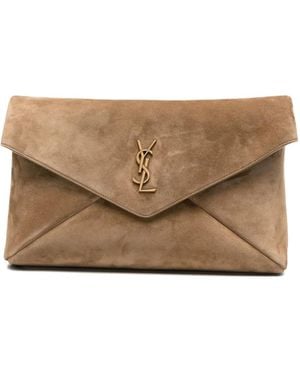Saint Laurent Logo-Plaque Suede Clutch Bag - Natural