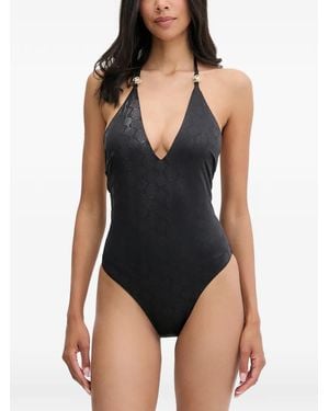 Guess Logo-Print Halterneck Swimsuit - Black