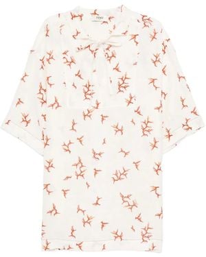 Fendi Coral-Print Tie-Neck Mini Dress - White