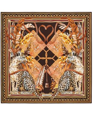Ferragamo Poised Leopards Print Silk Scarf - Brown