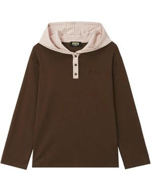 Mini Cream Striped-Hood Logo-Embroidered Hoodie - Brown