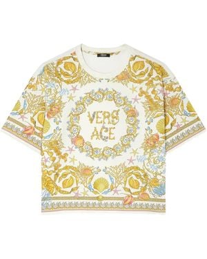 Versace T-Shirt With Logo Lettering And All-Over Baroque Print - White