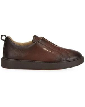 Santoni Victory Burnished Leather Slip-On Trainers - Brown