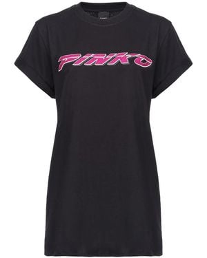 Pinko Logo-Embellished Cotton T-Shirt - Black