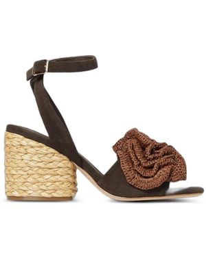 Paloma Barceló Raffia-Flower Calf Suede Sandals - Brown