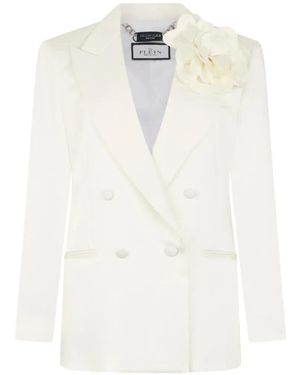 Philipp Plein Double-Breasted Flower-Embellished Blazer - White