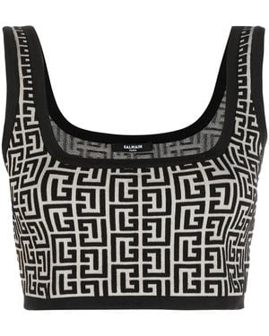 Balmain Top Crop Con Monogramma - Nero