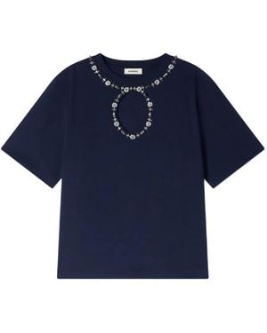 Sandro Rhinestone Openwork T-Shirt - Blue