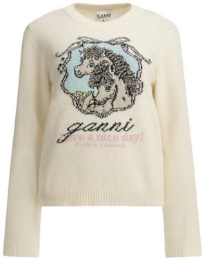 Ganni Graphic-Intarsia Sweater - White