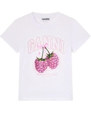 Ganni Raspberry Cotton T-Shirt - White