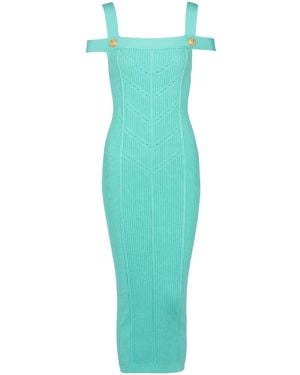 Balmain ダブルストラップ リブニットドレス - グリーン
