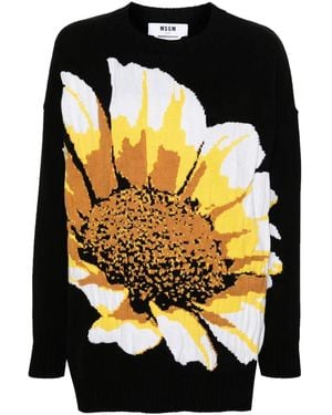 MSGM Floral-Intarsia-Knit Jumper - Black