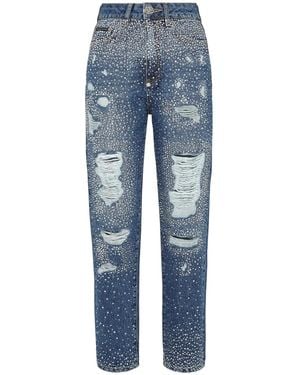 Philipp Plein Crystal-Embellished Distressed-Denim Pants - Blue