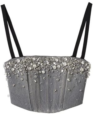 Miu Miu Crystal-Embellished Denim Cropped Top - Gray
