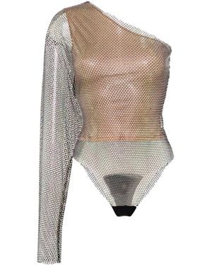 Genny One-Shoulder Rhinestone-Embellished Bodysuit - Gray