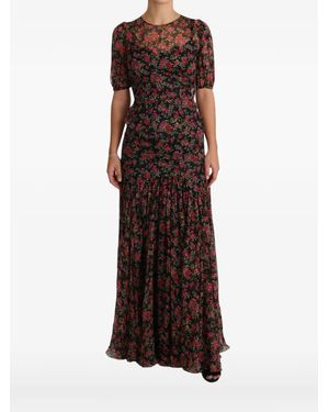 Dolce & Gabbana Floral-Print Puff-Sleeve Dress - Brown