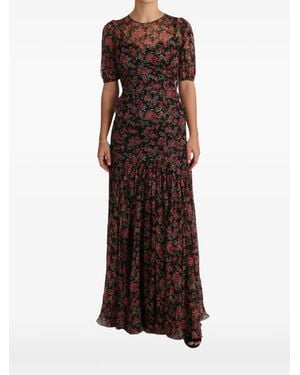 Dolce & Gabbana Floral-Print Puff-Sleeve Dress - Brown