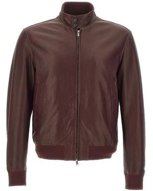 Tagliatore High-Collar Leather Jacket - Brown