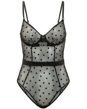 Fiorucci Flocked-Hearts Mesh Bodysuit - Black