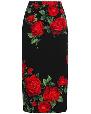 Dolce & Gabbana Rose-Print Pencil Midi Skirt - Red