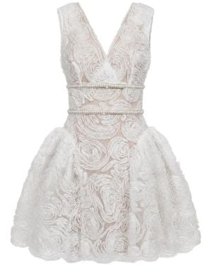 Self-Portrait Pearl-Embellished Floral-Lace Mini Dress - White