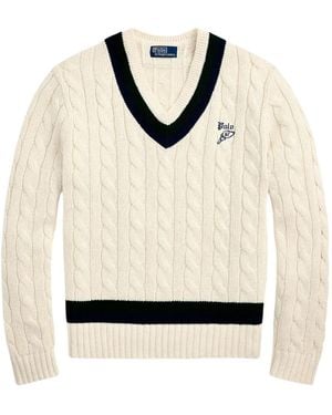 Polo Ralph Lauren Embroidered-Logo V-Neck Sweater - Natural