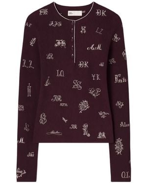 Tory Burch Embroidered Henley Sweater - Purple