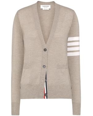 Thom Browne Merino Wool 4-Bar Relaxed Fit V-Neck Cardigan - Natural