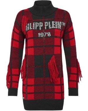 Philipp Plein Tartan Fringe Round Neck Knitwear - Red