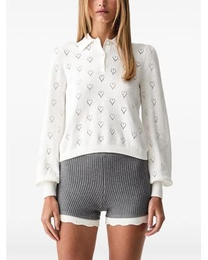 Twinset Heart-Pointelle Puff-Sleeve Polo Top - White
